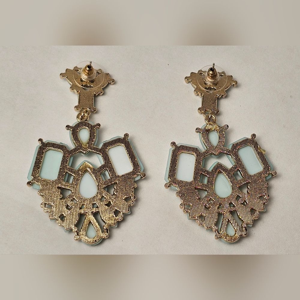 Dangle Earrings ■□ Gold Toned □■ Studded Blue Gem Stones - Picture 6 of 12